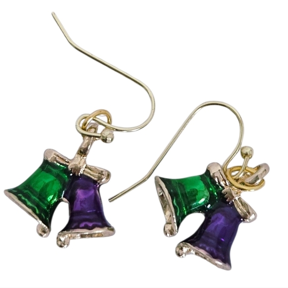 Dainty Christmas Jingle Bells Dangle Earrings in Purple, Green and Gold - Picture 4 of 5